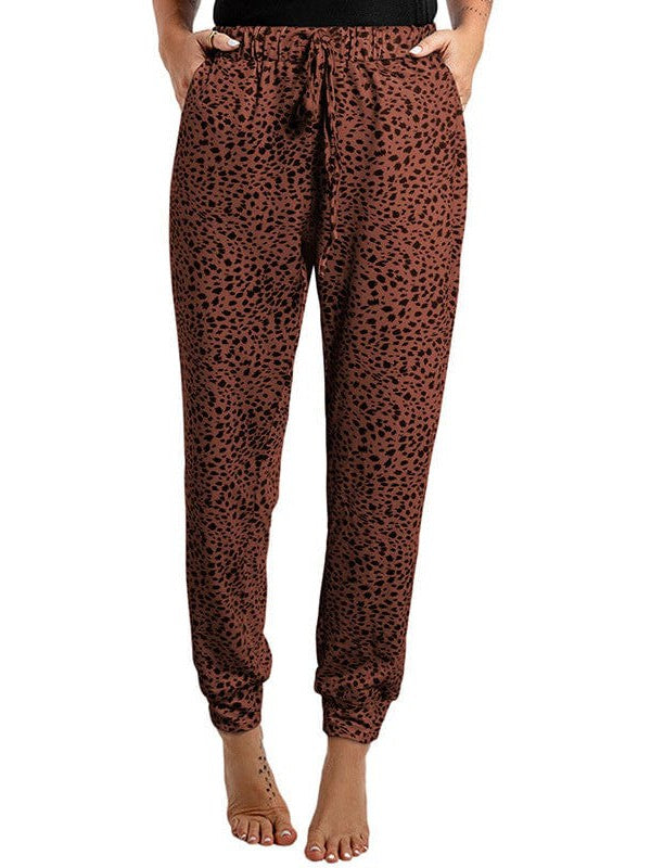 Women's High-Waisted Leopard Print Casual Pants with Elasticated Ankles