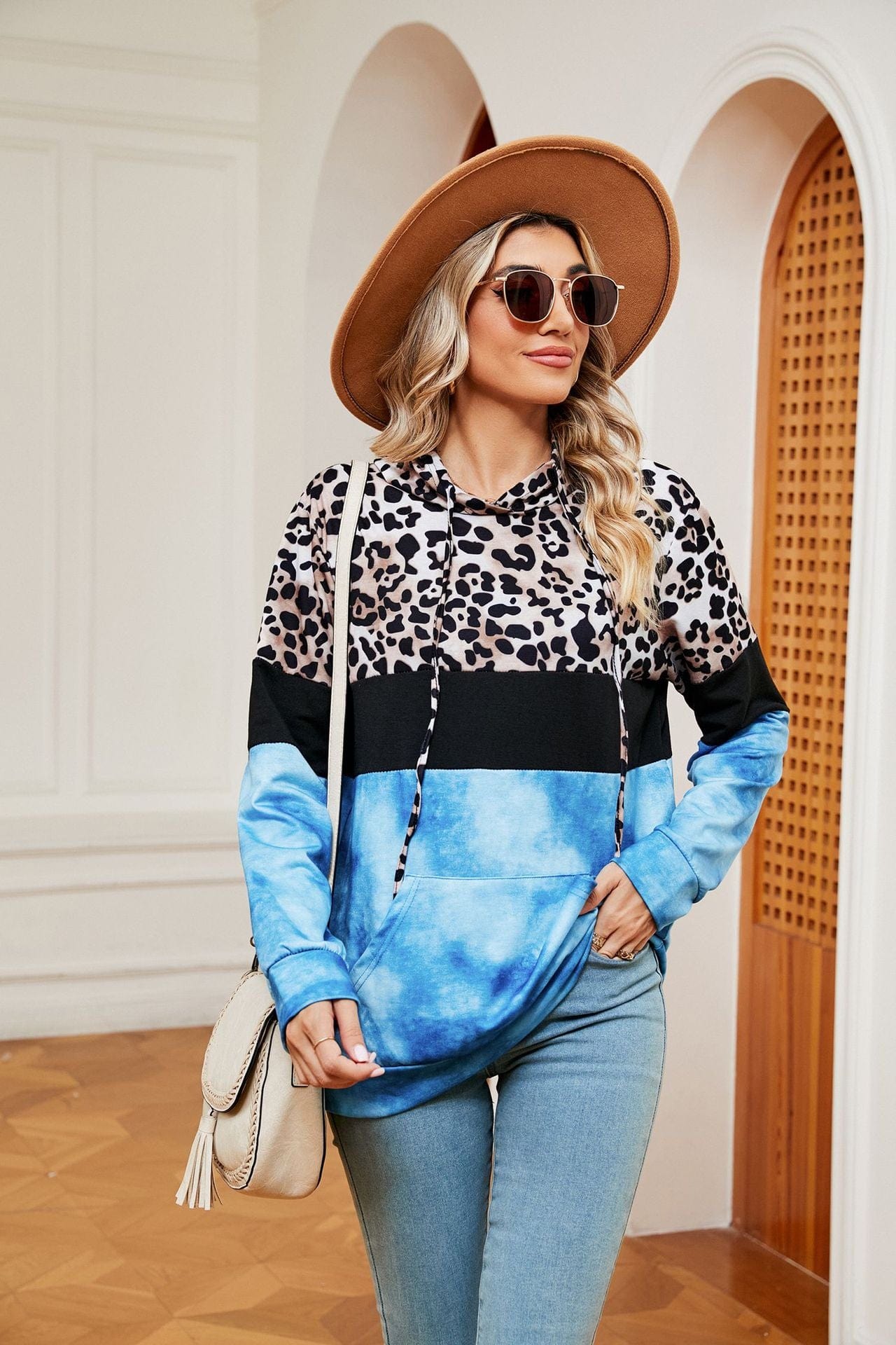 Hooded patchwork printed long-sleeved loose sweatshirt
