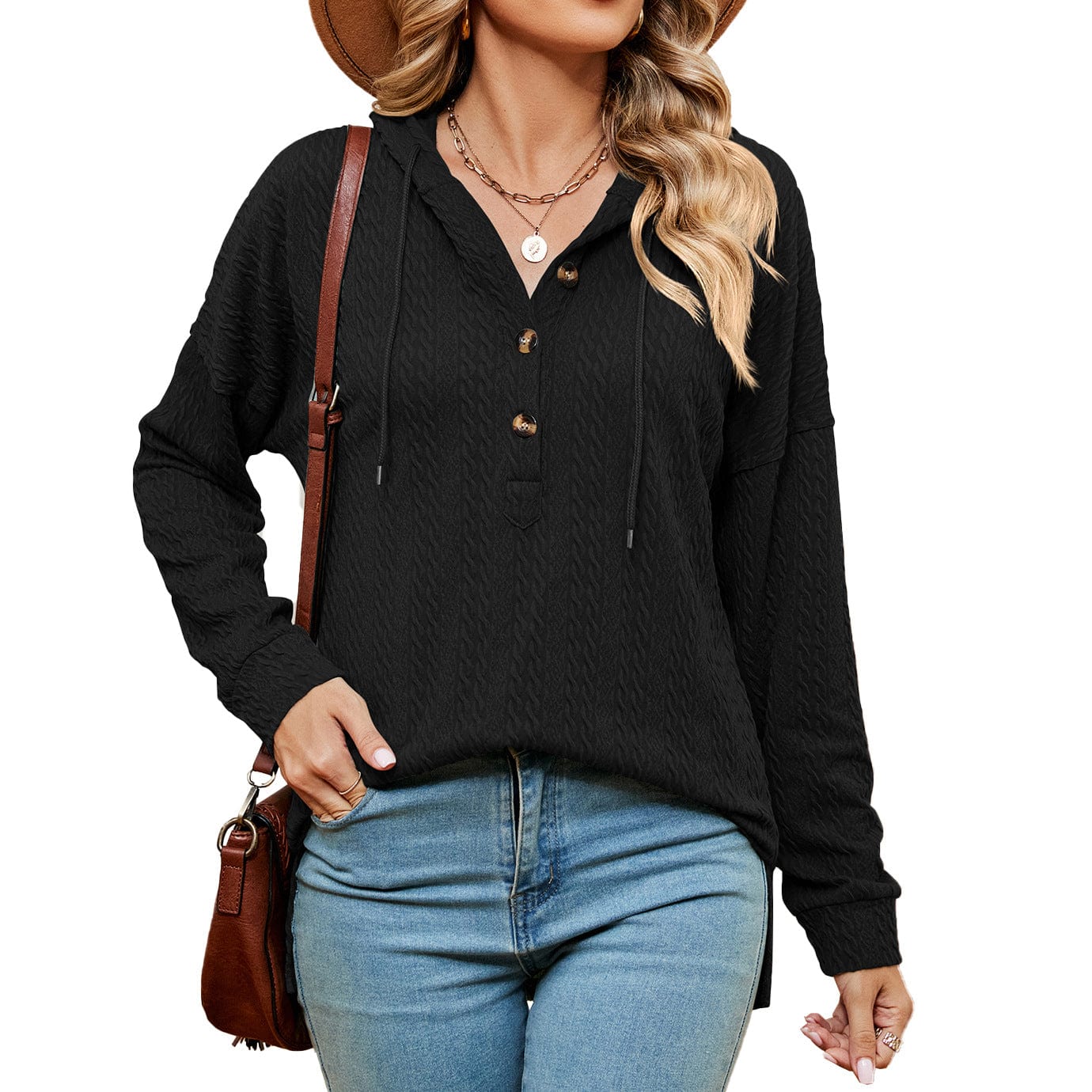 Hooded drawstring buttoned long-sleeved loose sweatshirt jacket