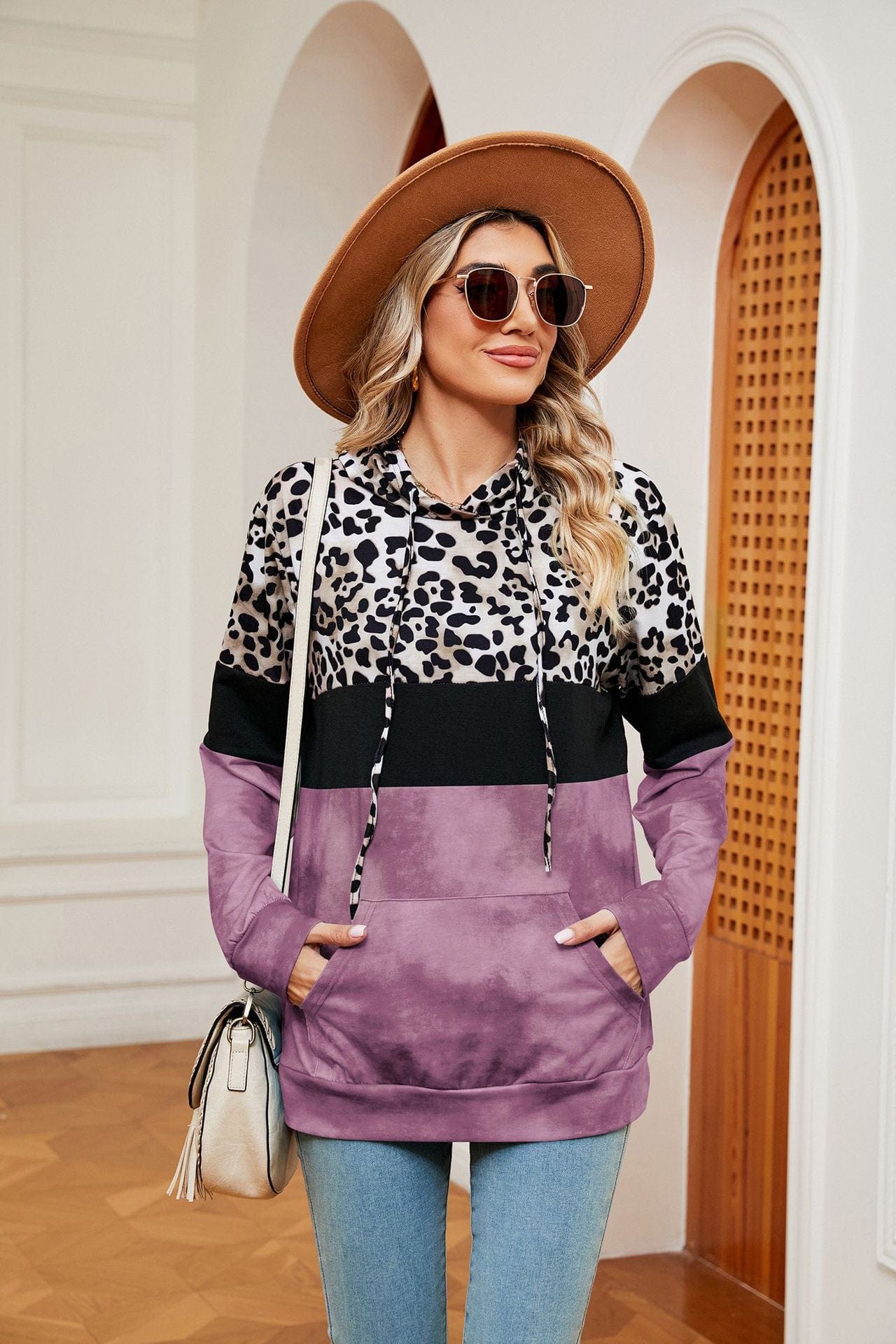 Hooded patchwork printed long-sleeved loose sweatshirt