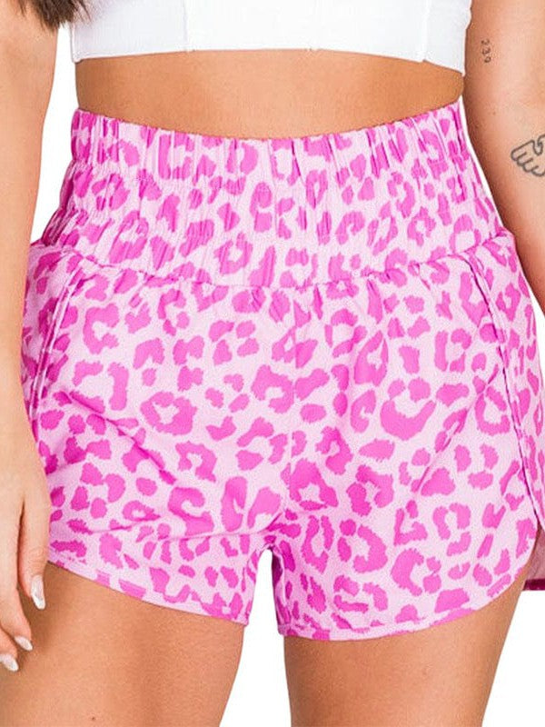 Leopard Print High Waist Women's Sports Shorts - Pink Glitter