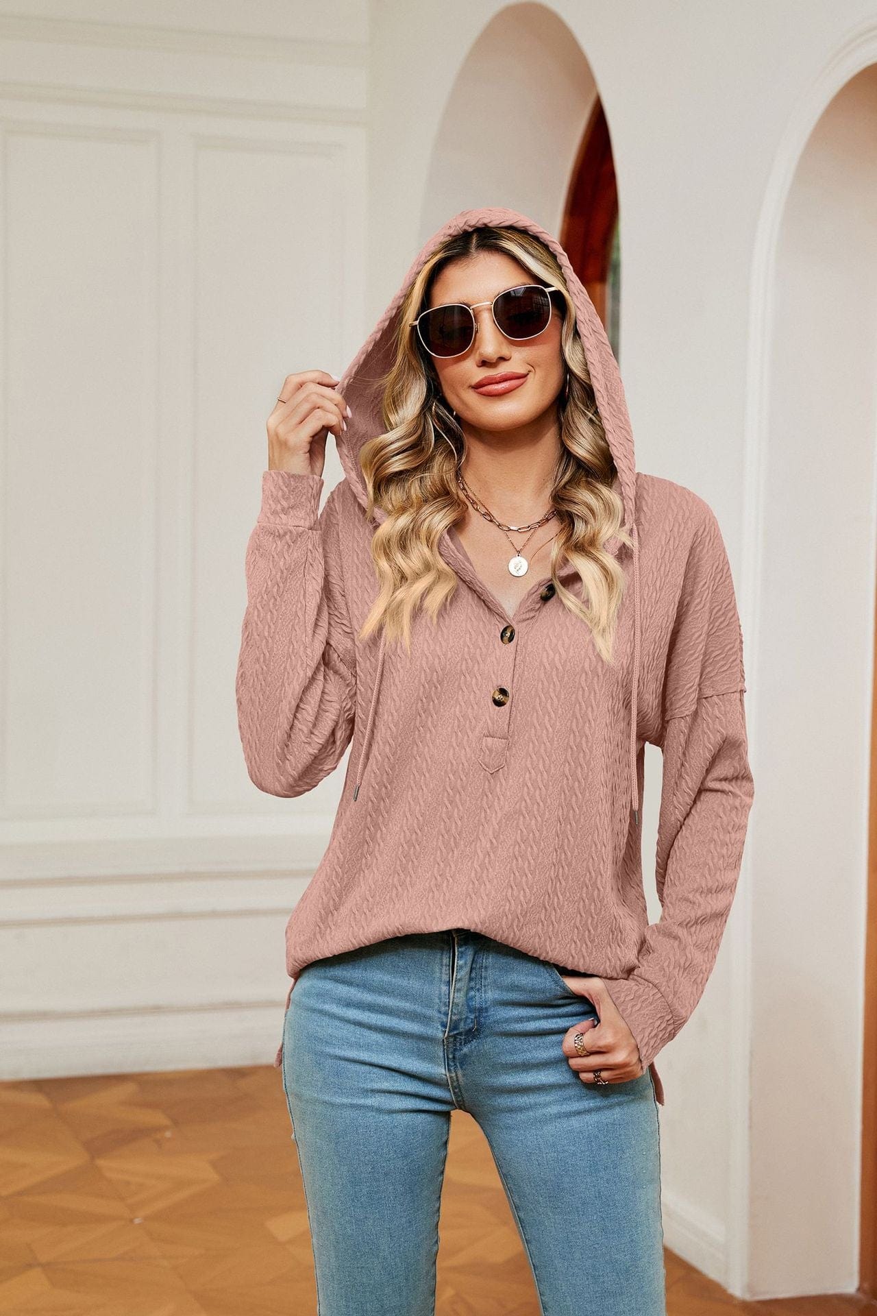 Hooded drawstring buttoned long-sleeved loose sweatshirt jacket