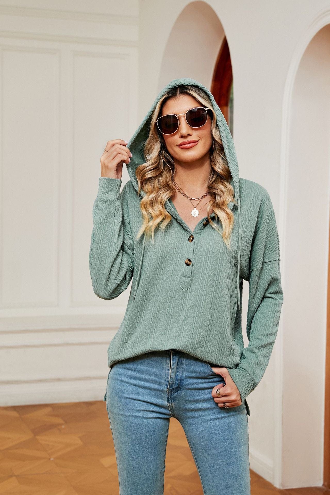 Hooded drawstring buttoned long-sleeved loose sweatshirt jacket