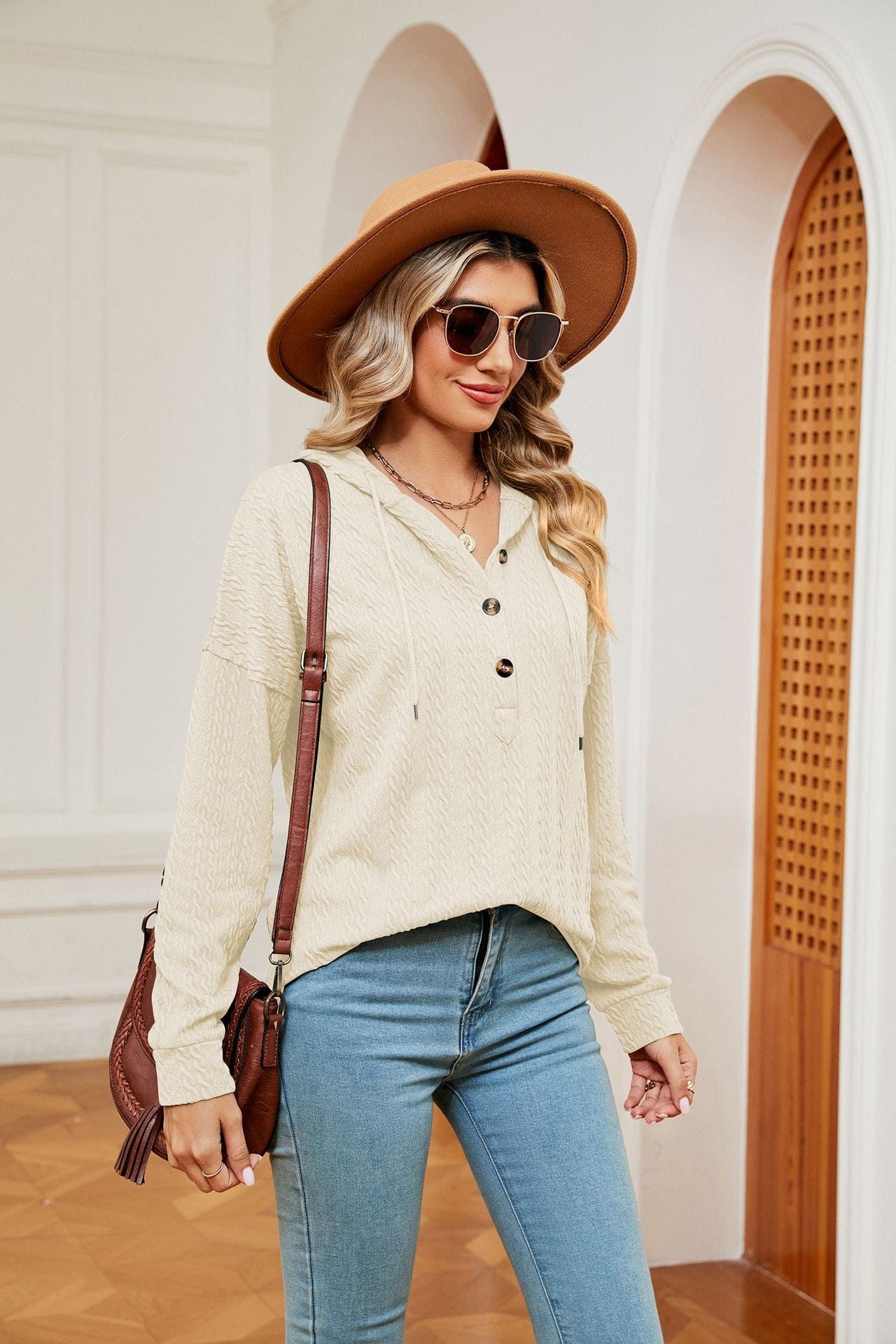 Hooded drawstring buttoned long-sleeved loose sweatshirt jacket
