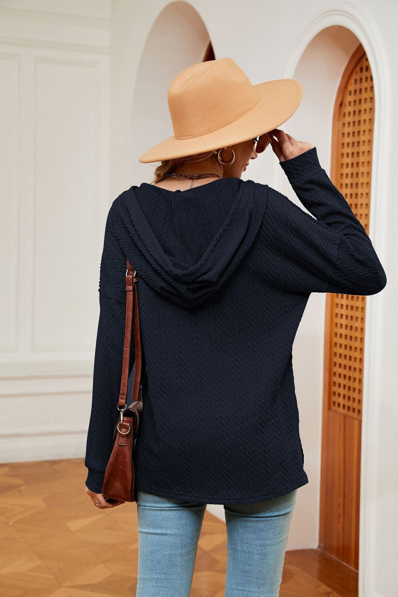 Hooded drawstring buttoned long-sleeved loose sweatshirt jacket