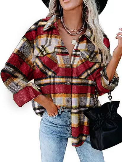 Plaid long-sleeve loose-pocket single-breasted wool coat