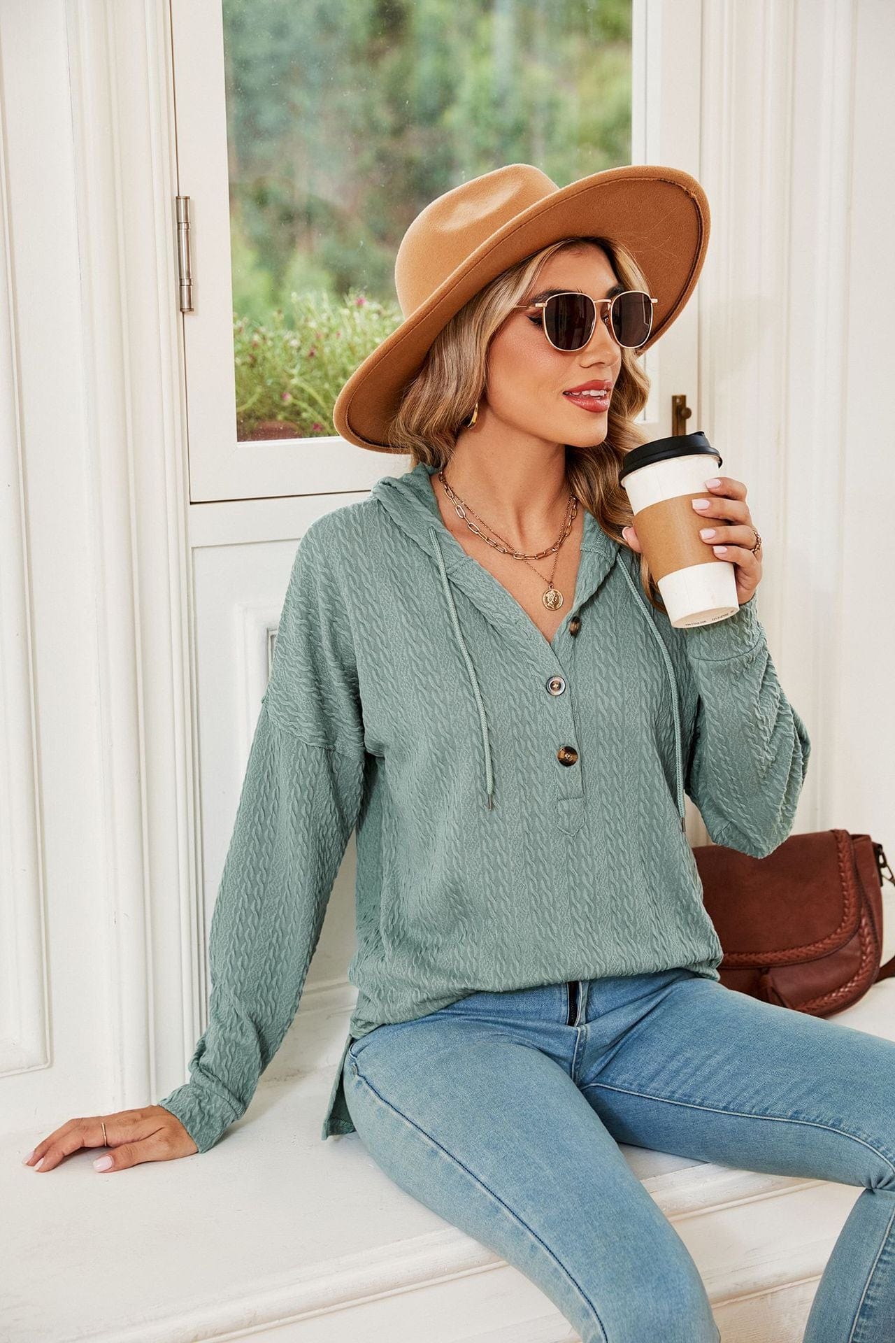 Hooded drawstring buttoned long-sleeved loose sweatshirt jacket