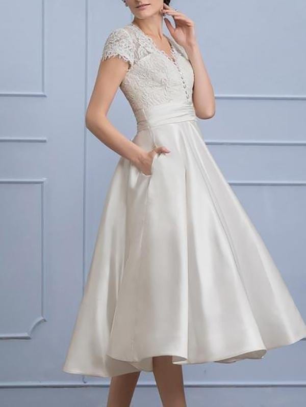 A-Line/Princess V-neck Tea-Length Satin Wedding Dress With Ruffle Pockets