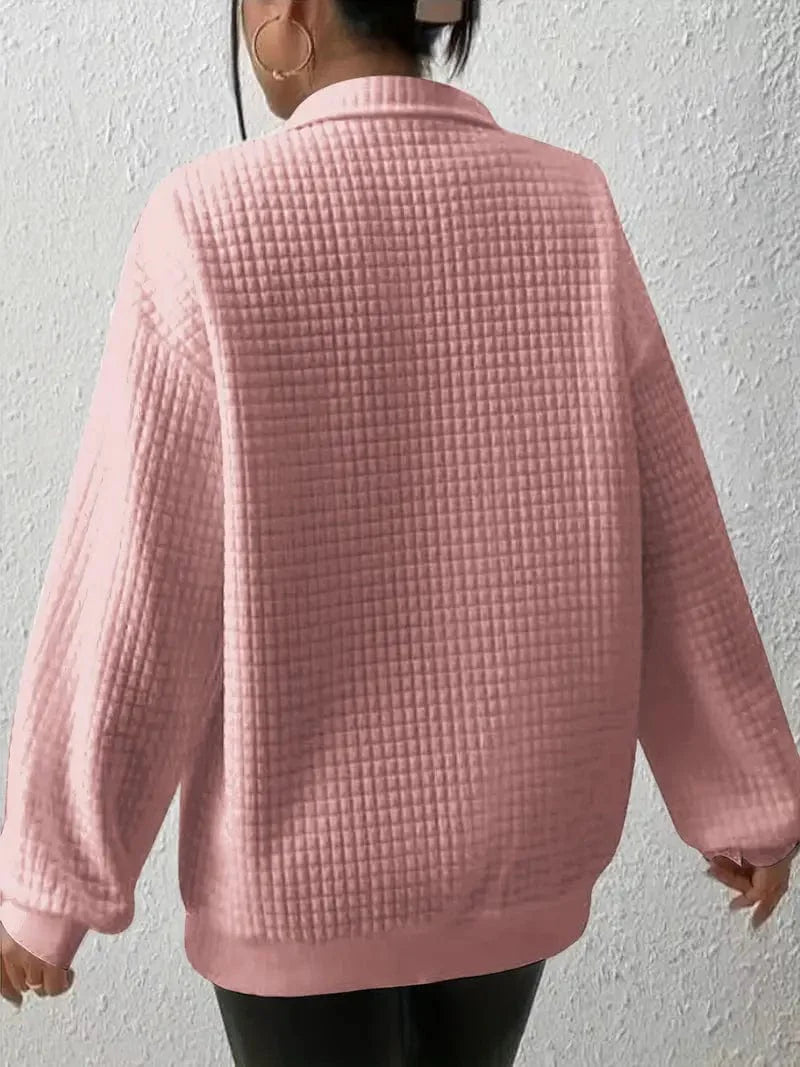 Waffle Grid Quarter Zip Pullover - Stylish Women's Fall & Winter Sweatshirt
