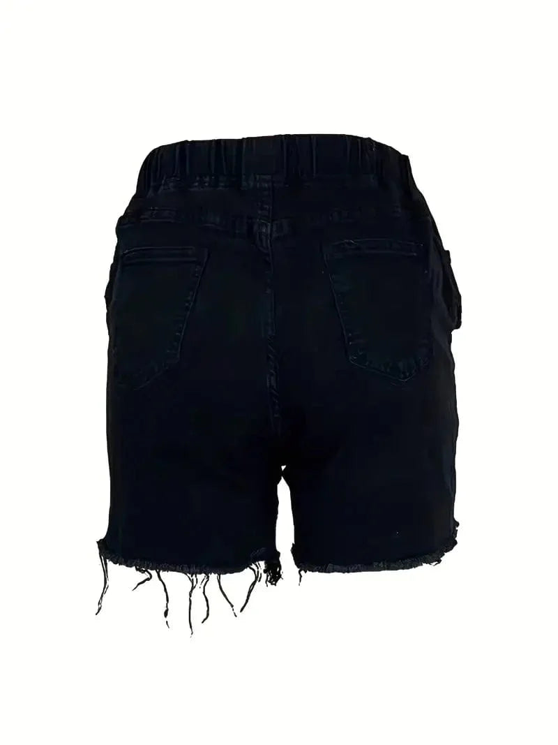 Stretchy Elastic Waist Denim Shorts with Ripped Distressed Details for Women