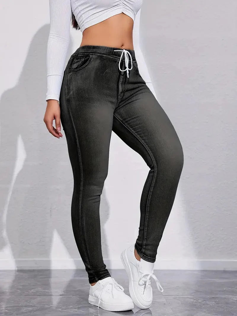 Slim Fit Drawstring Denim Jeans with Elastic Waist for Women