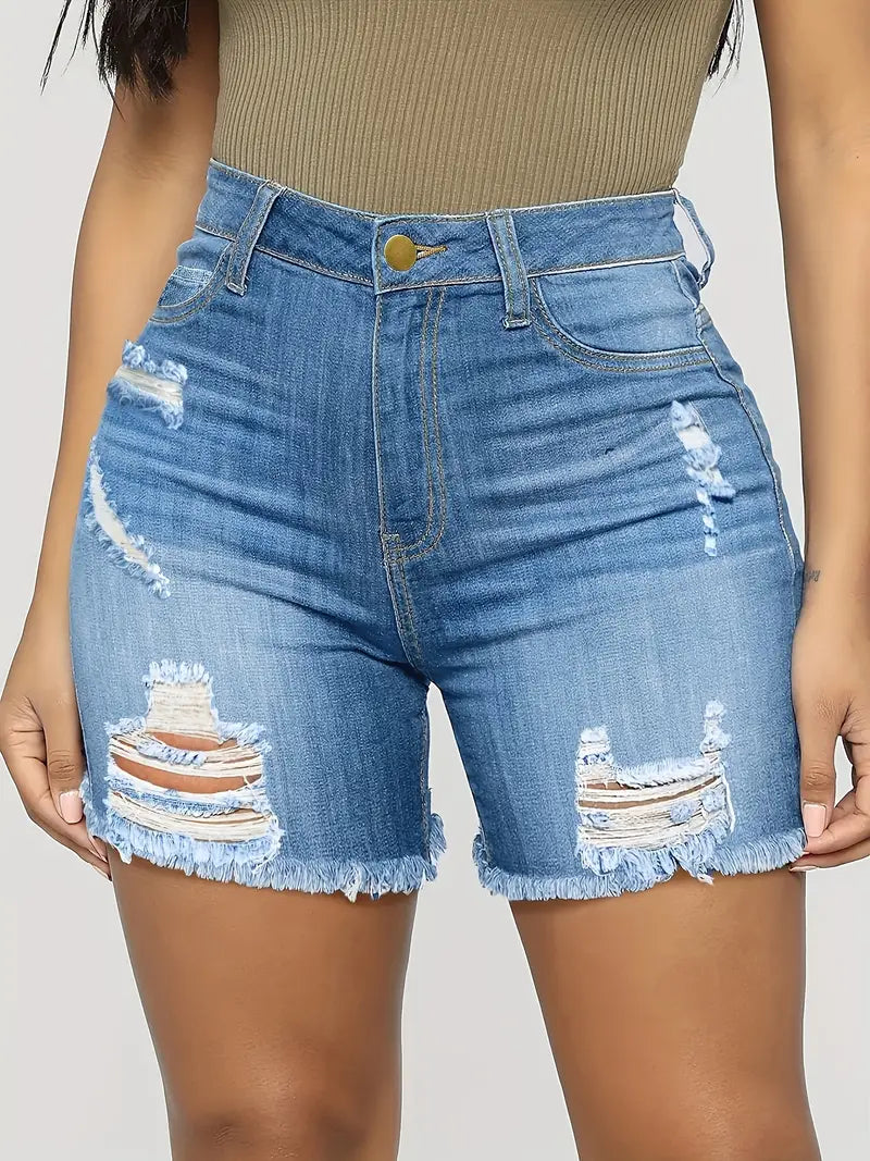 Short Blue Denim Shorts with Raw Hem, Distressed Ripped Holes and Slash Pockets, Women's Denim Jeans & Apparel