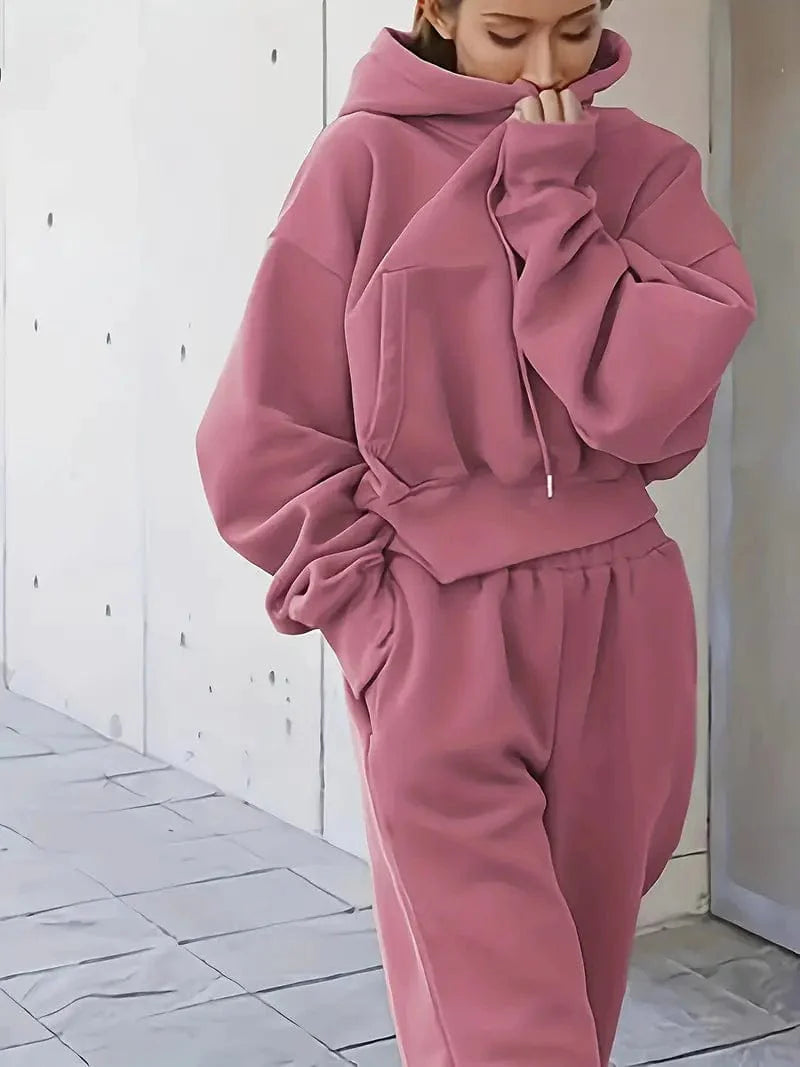 Athleisure 2-Piece Set: Solid Oversized Hoodie with Pocket & Drawstring Sweatpants, Women's Apparel