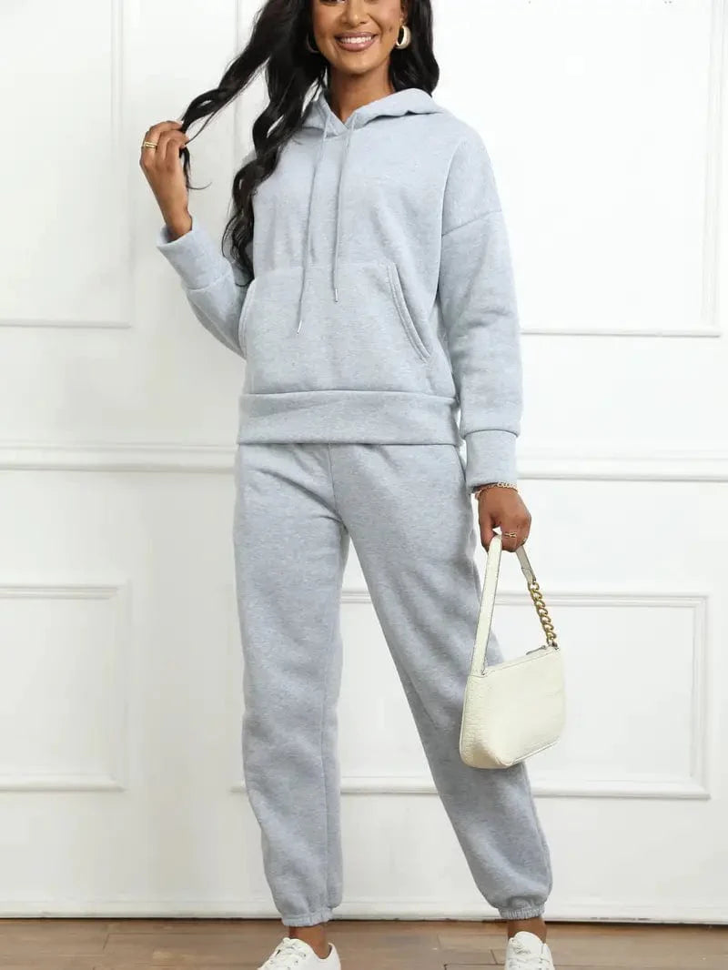 Athleisure 2-Piece Set: Solid Oversized Hoodie with Pocket & Drawstring Sweatpants, Women's Apparel