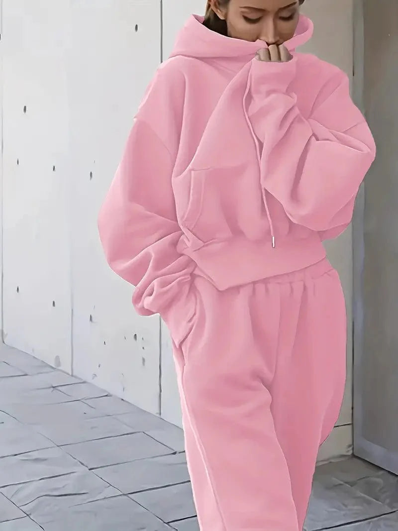 Athleisure 2-Piece Set: Solid Oversized Hoodie with Pocket & Drawstring Sweatpants, Women's Apparel