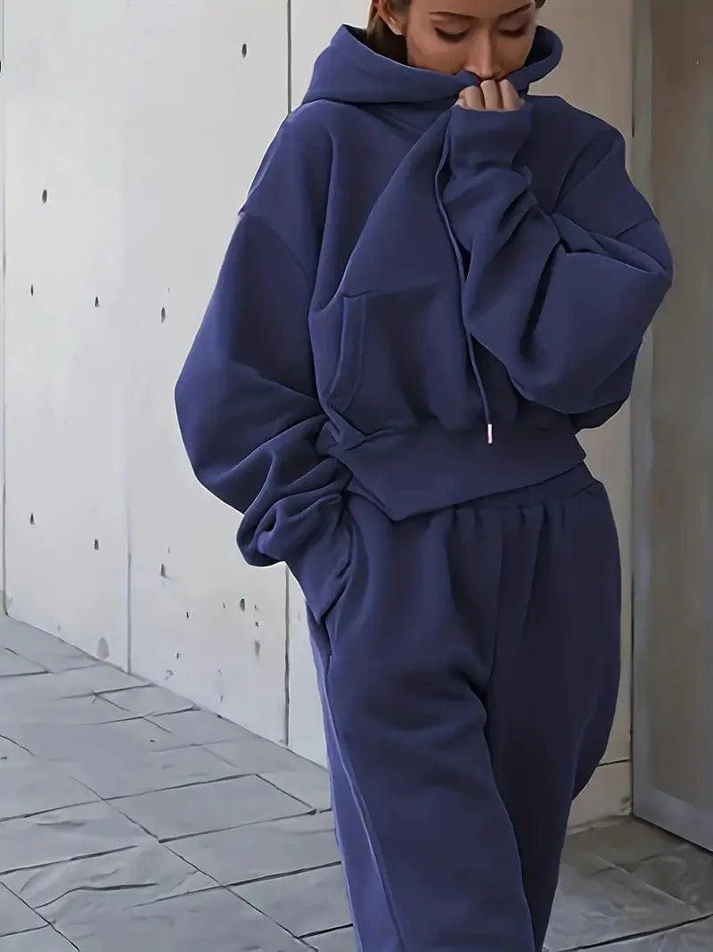 Athleisure 2-Piece Set: Solid Oversized Hoodie with Pocket & Drawstring Sweatpants, Women's Apparel