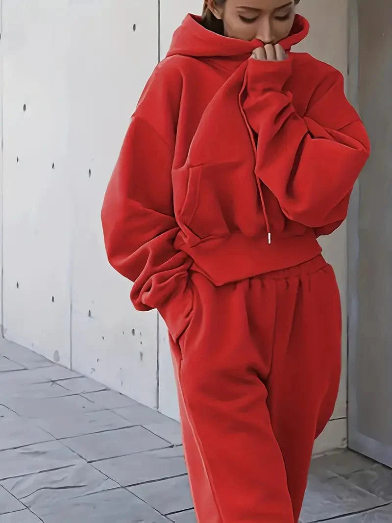 Athleisure 2-Piece Set: Solid Oversized Hoodie with Pocket & Drawstring Sweatpants, Women's Apparel