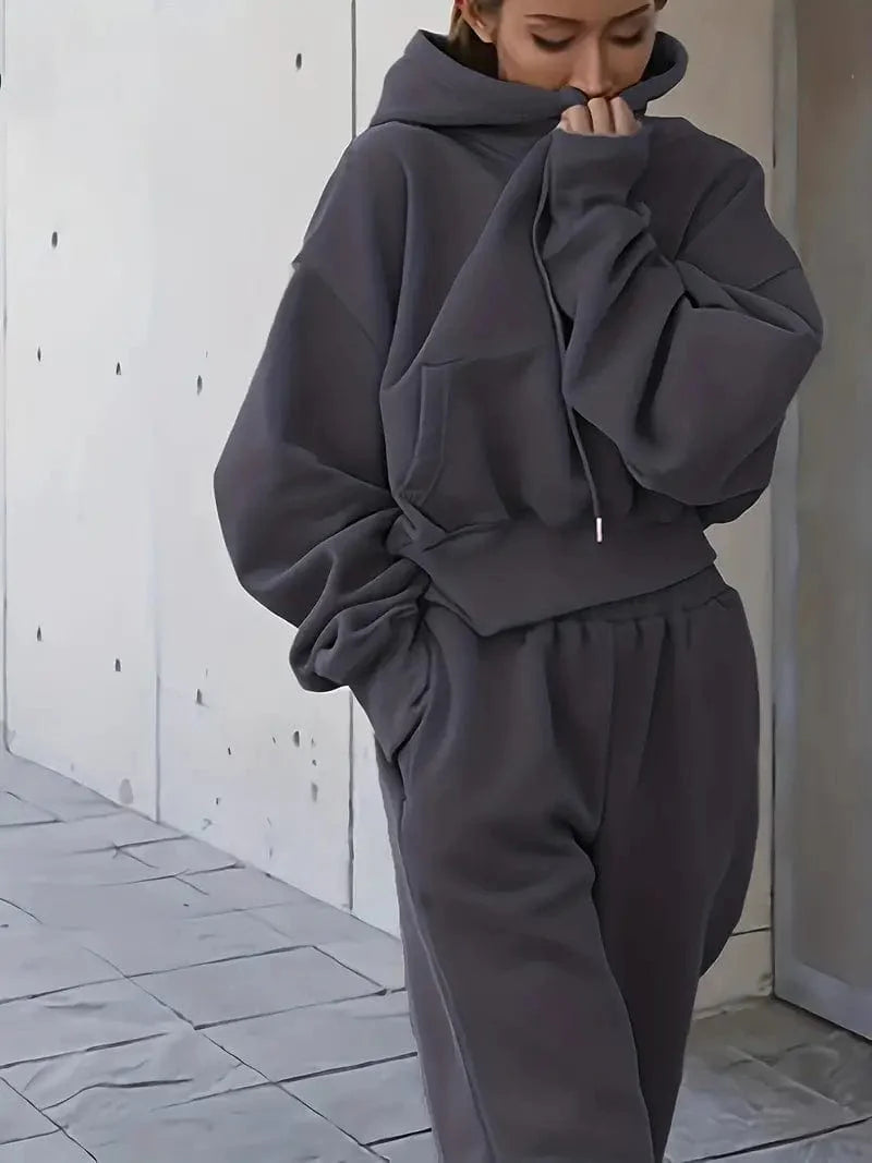 Athleisure 2-Piece Set: Solid Oversized Hoodie with Pocket & Drawstring Sweatpants, Women's Apparel