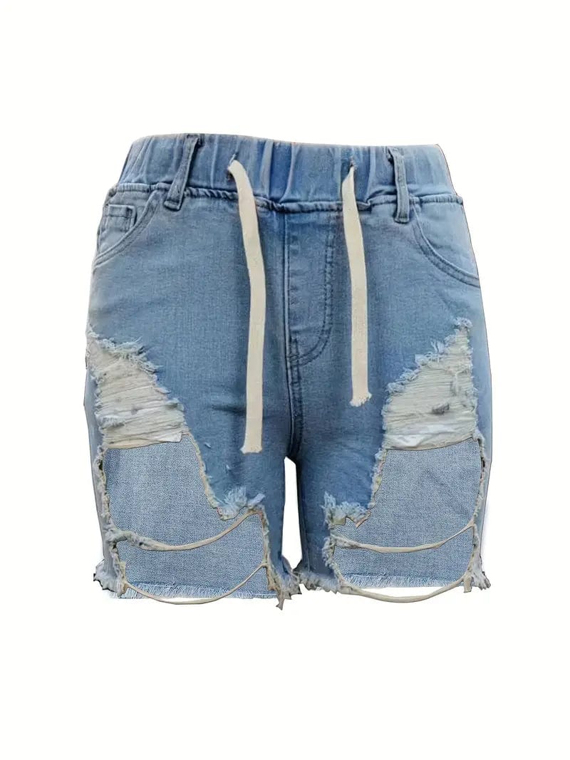 Stretchy Elastic Waist Denim Shorts with Ripped Distressed Details for Women