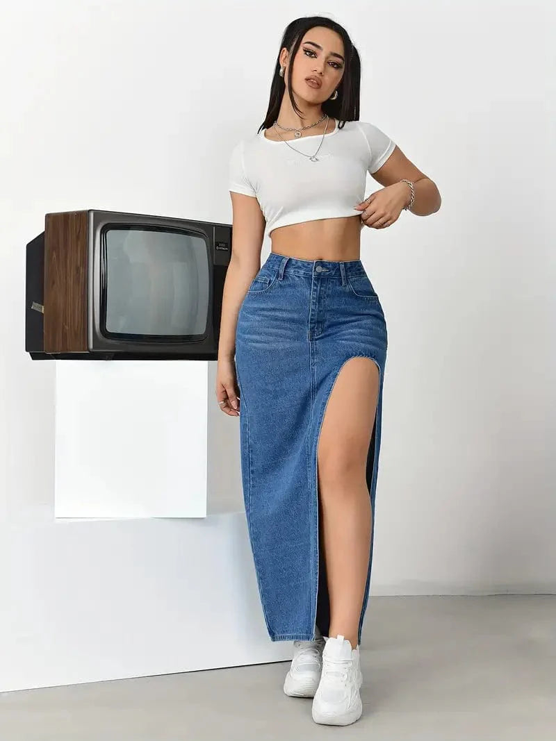 Split Thigh Casual Denim Midi Skirt with Slant Pockets