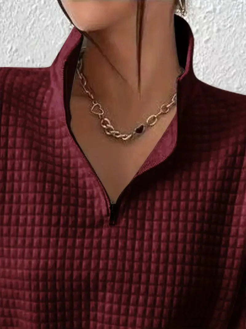 Waffle Grid Quarter Zip Pullover - Stylish Women's Fall & Winter Sweatshirt