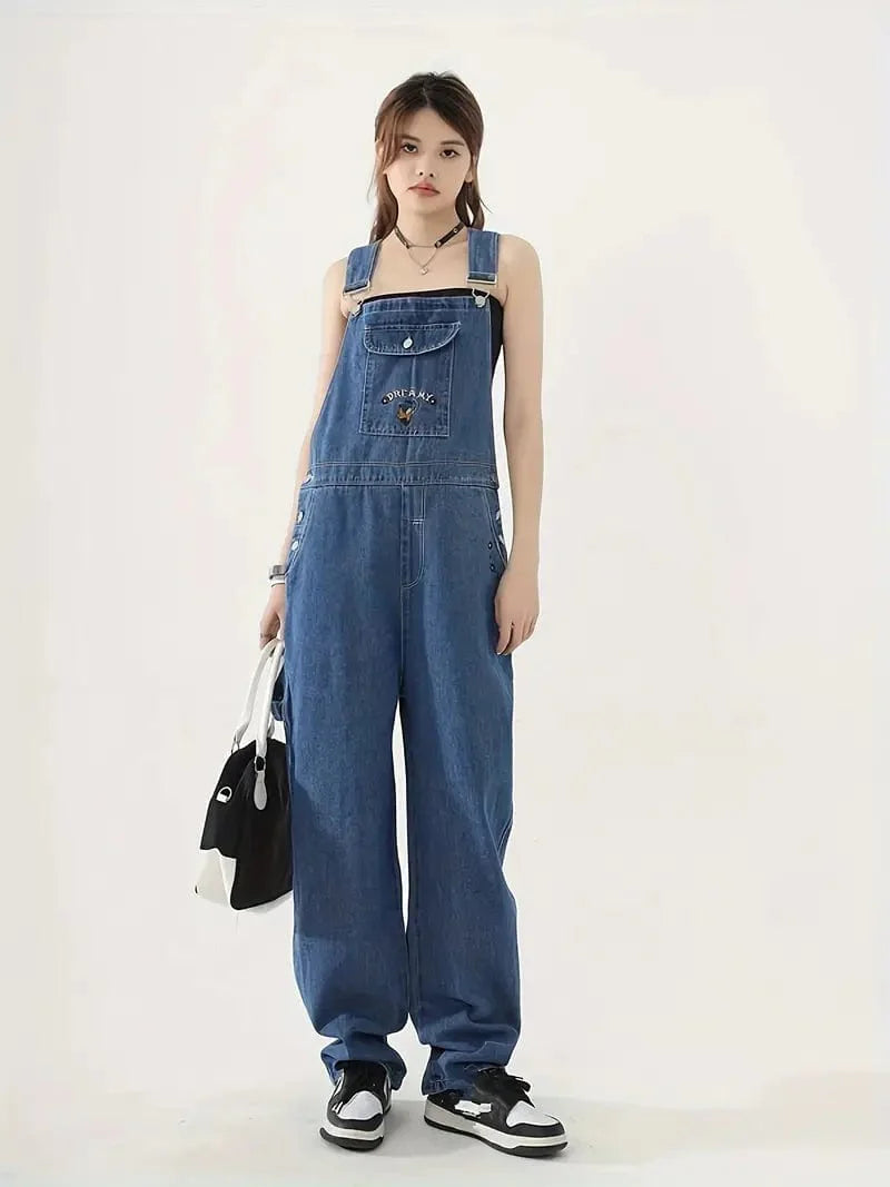Relaxed Fit Blue Denim Romper with Slant Pockets, Distressed Denim Coverall, Stylish Women's Denim Outfit