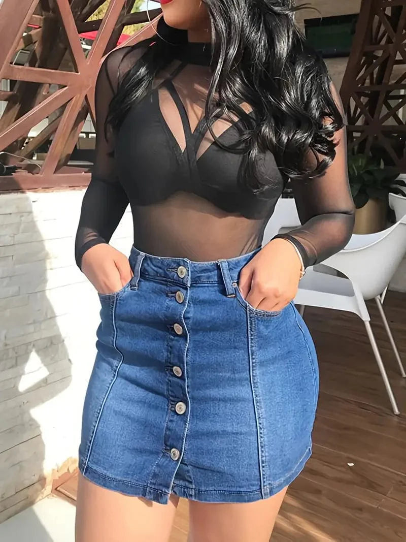 Stretchy Denim Skirt with Slash Pockets and High Waist