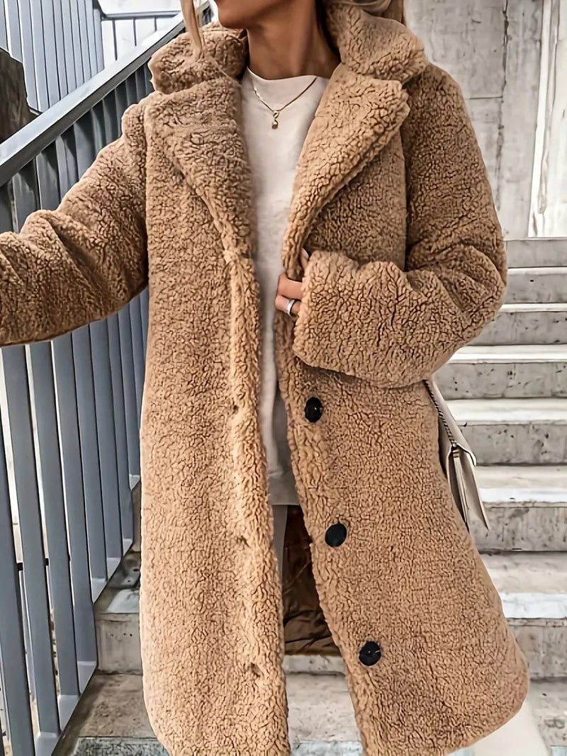 Stylish Teddy Jacket with Button Front Detail, Long Sleeves, Women's Outerwear