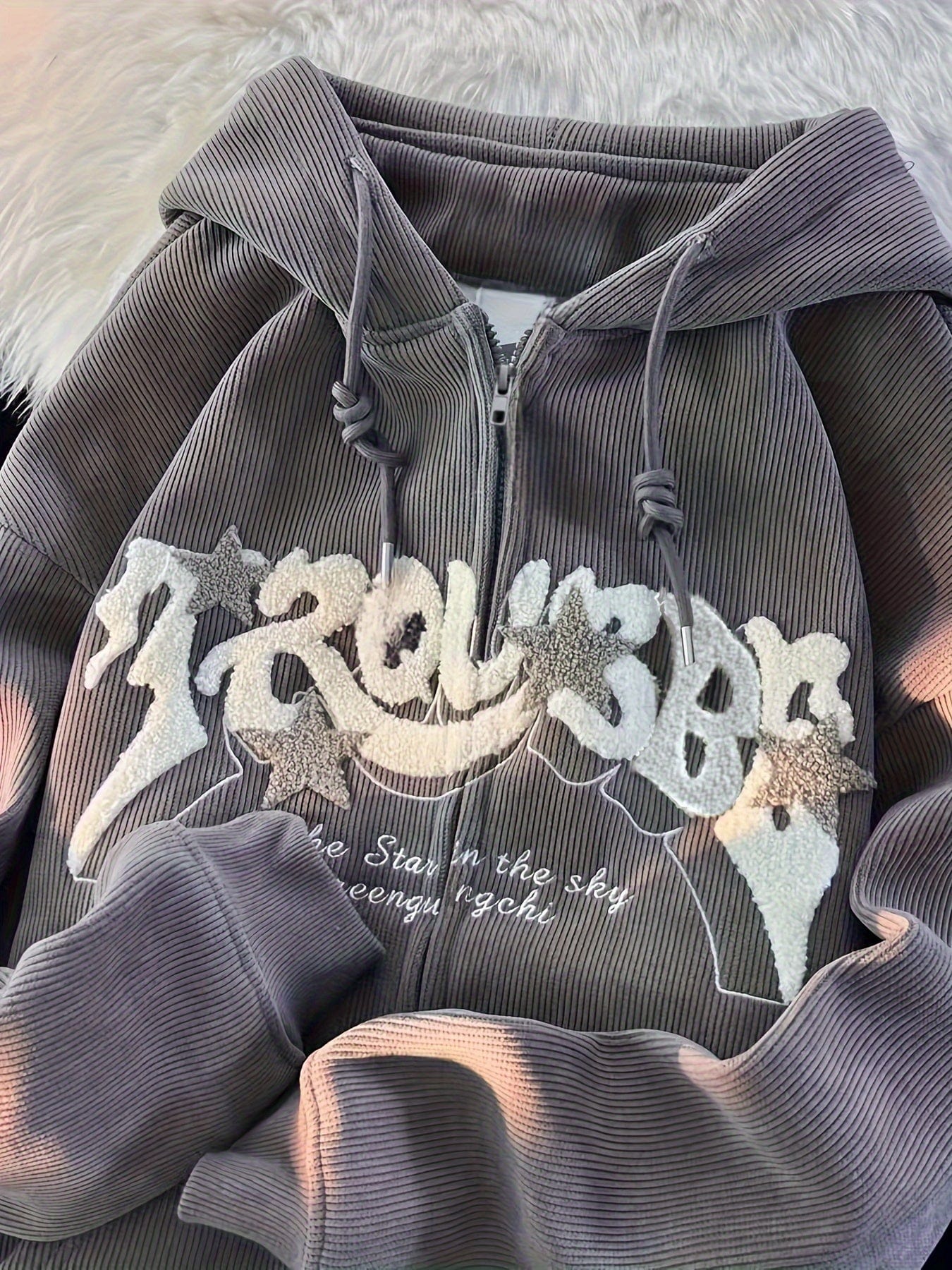 Stylish Zip Up Drawstring Letter Print Slant Pockets Hoodie