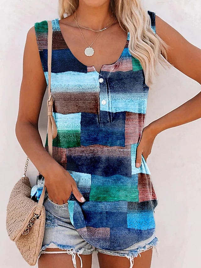 Stylish Geometric Print Women's Tank Top with Button Sleeveless Design
