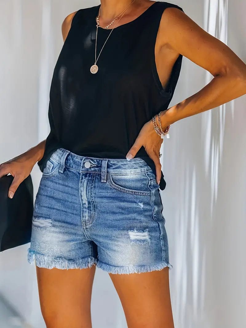 Blue Distressed Denim Shorts with Frayed Hem and Slash Pockets - Women's Denim Clothes