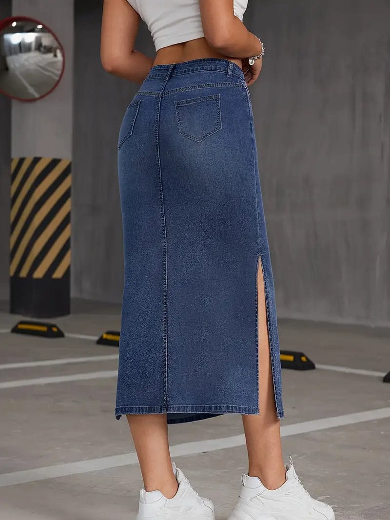 Blue High Waist Denim Midi Skirt with Slant Pockets and High Stretch Split Design - Women's Denim Apparel