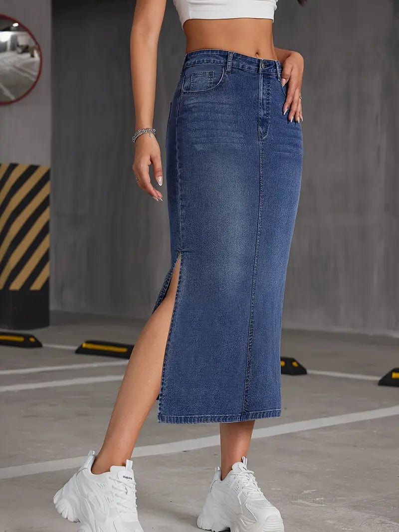 Blue High Waist Denim Midi Skirt with Slant Pockets and High Stretch Split Design - Women's Denim Apparel