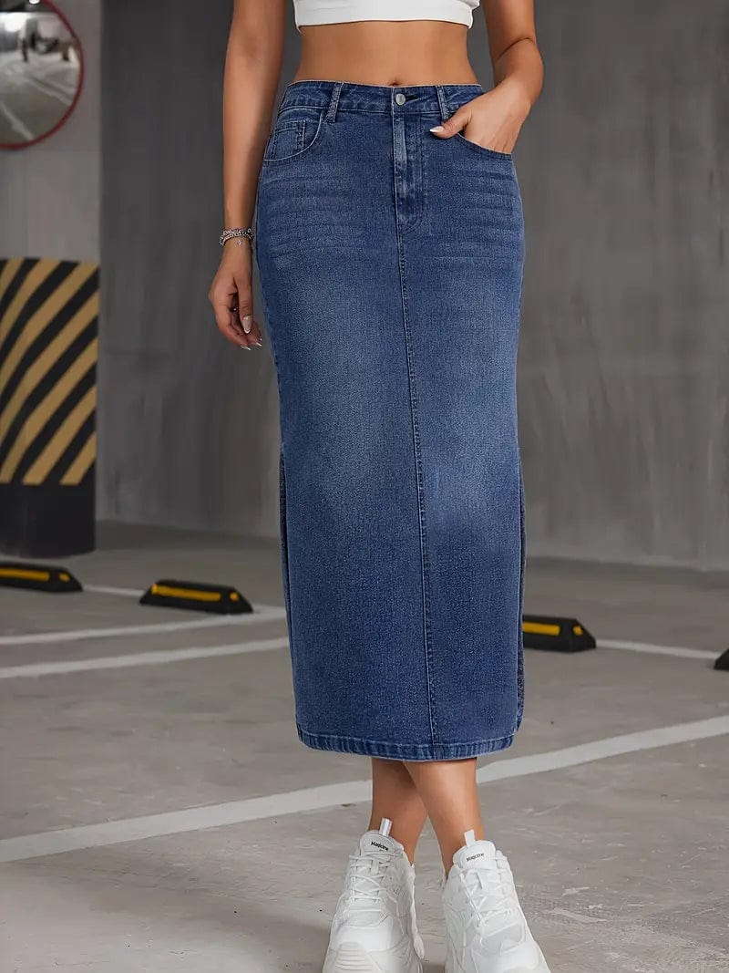 Blue High Waist Denim Midi Skirt with Slant Pockets and High Stretch Split Design - Women's Denim Apparel