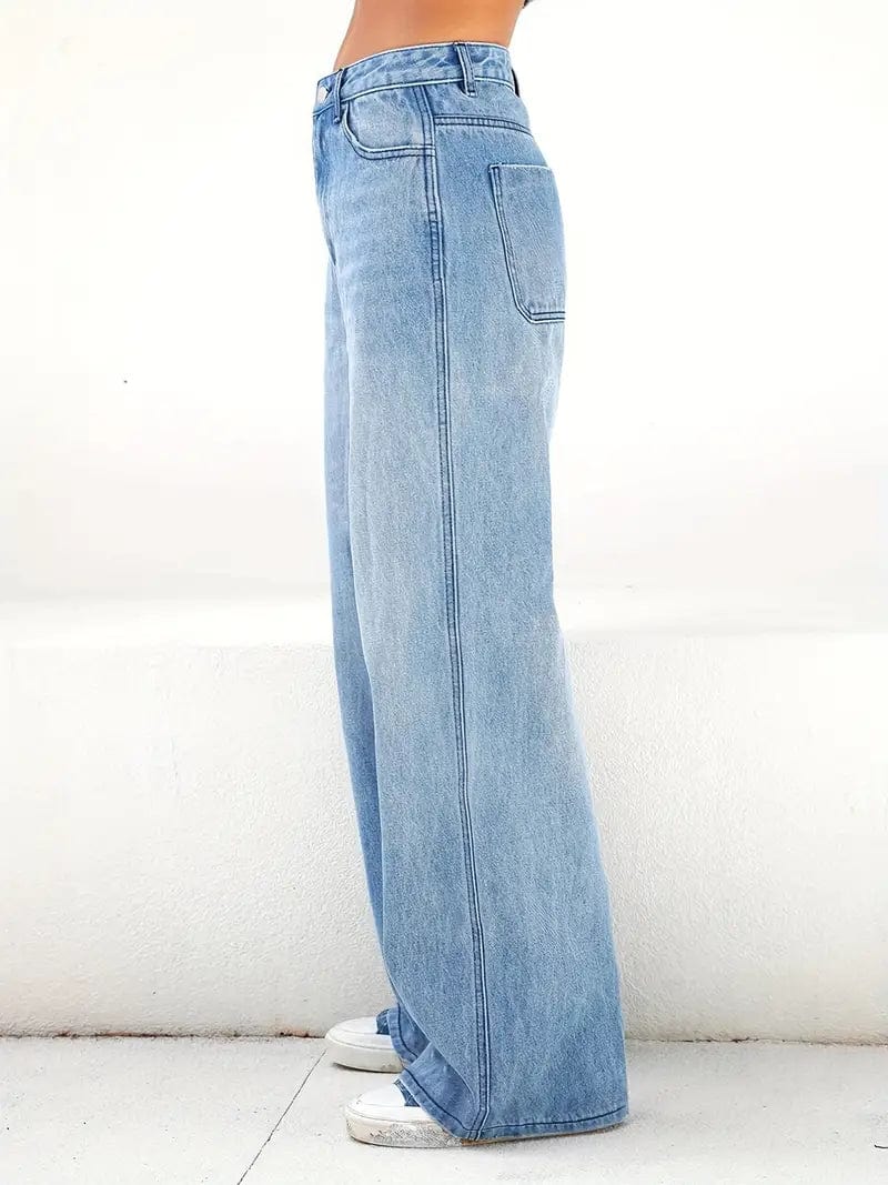 Blue Wide Leg High Waist Jeans with Slash Pockets & Straight Fit Hem, Women's Denim Pants & Apparel