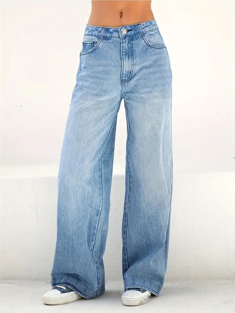 Blue Wide Leg High Waist Jeans with Slash Pockets & Straight Fit Hem, Women's Denim Pants & Apparel