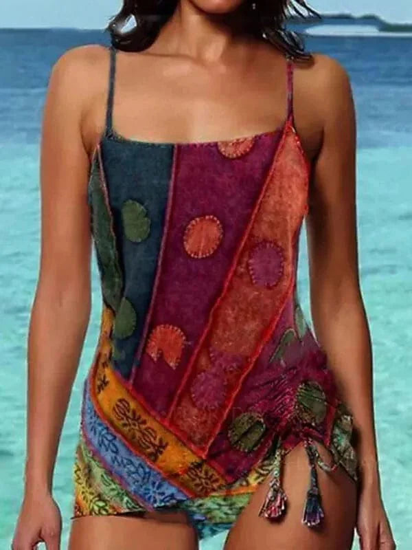 Burgundy Tankini 2 Piece Swimsuit with Graphic Print