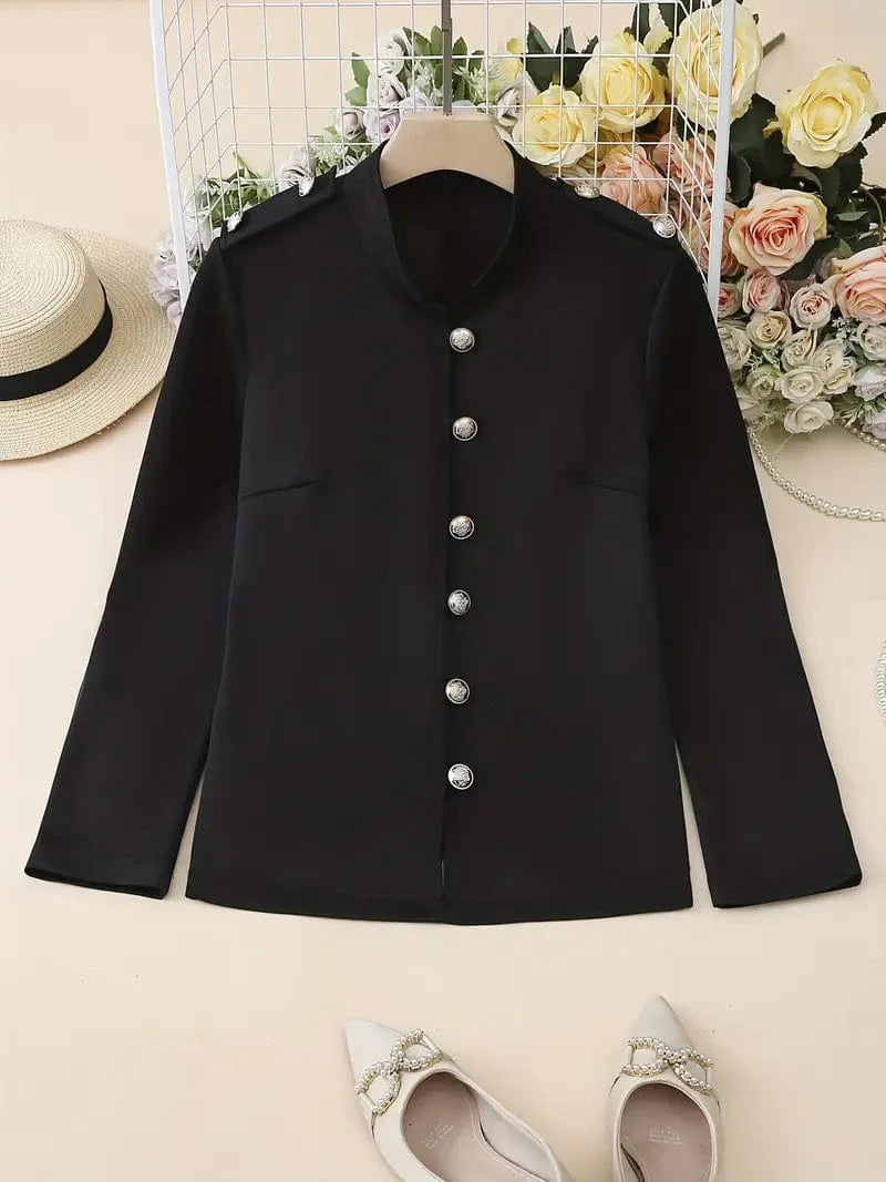 Button Front Solid Blazer, Sophisticated Long Sleeve Work Office Jacket, Women's Attire