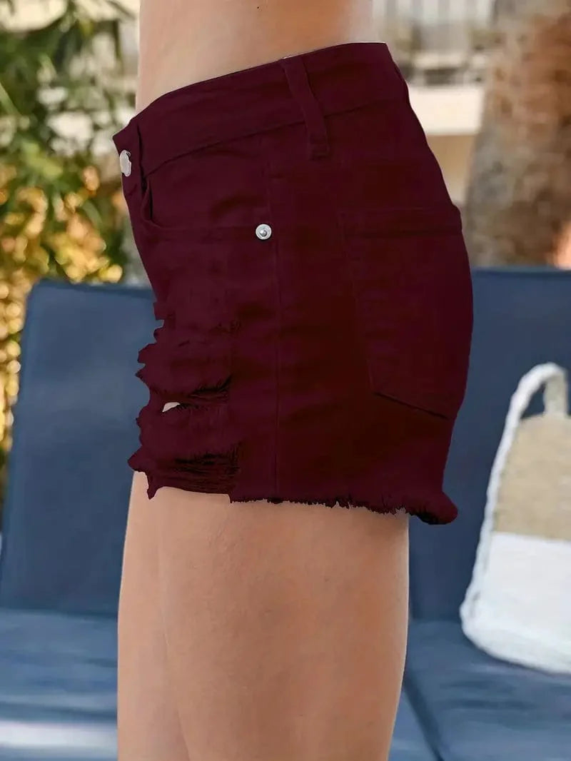 High Waisted White Denim Shorts with Raw Hem and Distressed Pockets