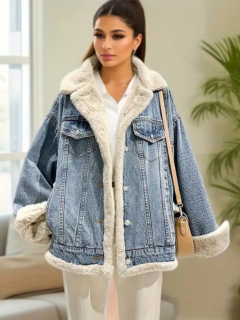 Reversible Women's Winter Denim Coat with Fleece Lining and Loose Fit Flap Pockets