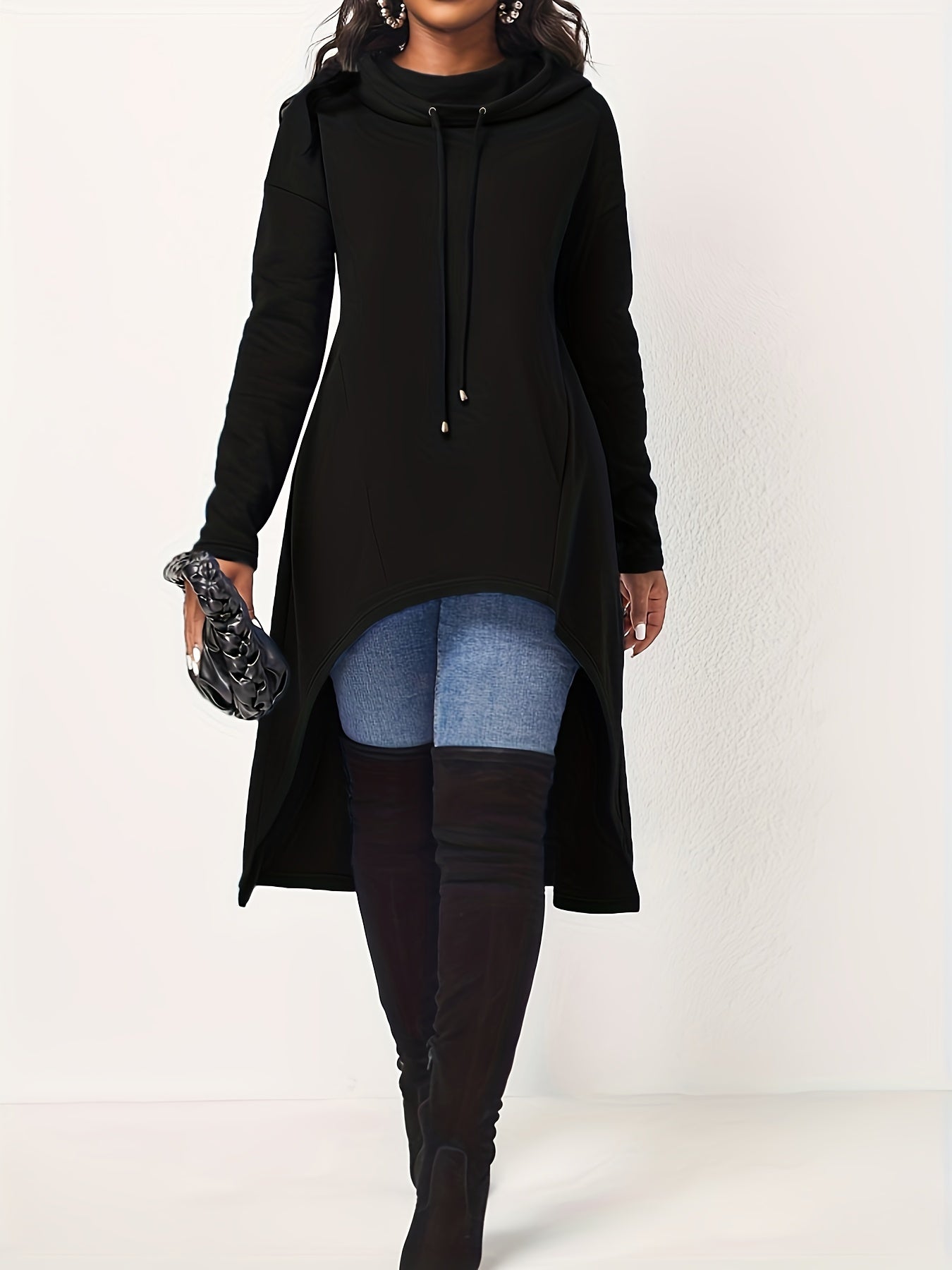 Stylish Drawstring Hooded Long Sleeve High Low Hem Hoodie