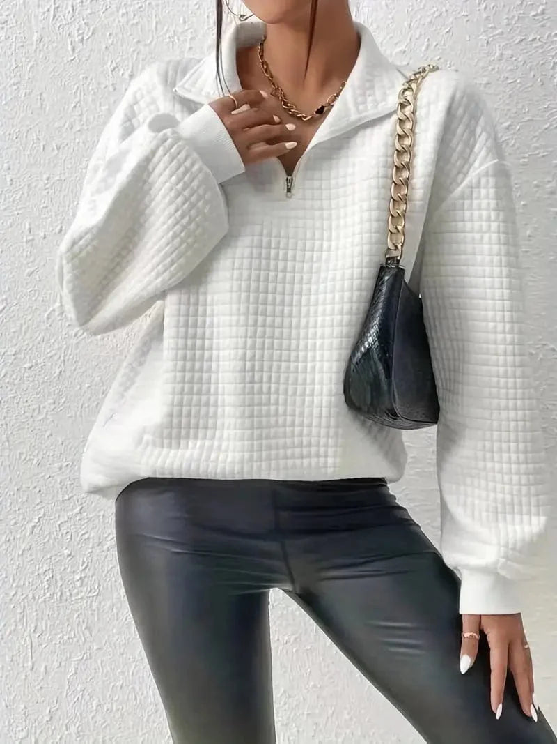 Waffle Grid Quarter Zip Pullover - Stylish Women's Fall & Winter Sweatshirt