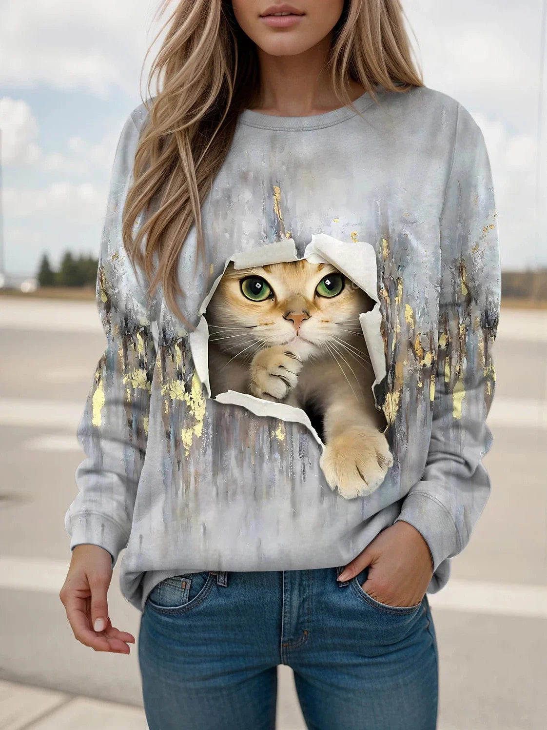 Casual Cat Print Women's Sweatshirt Pullover for Fall & Winter