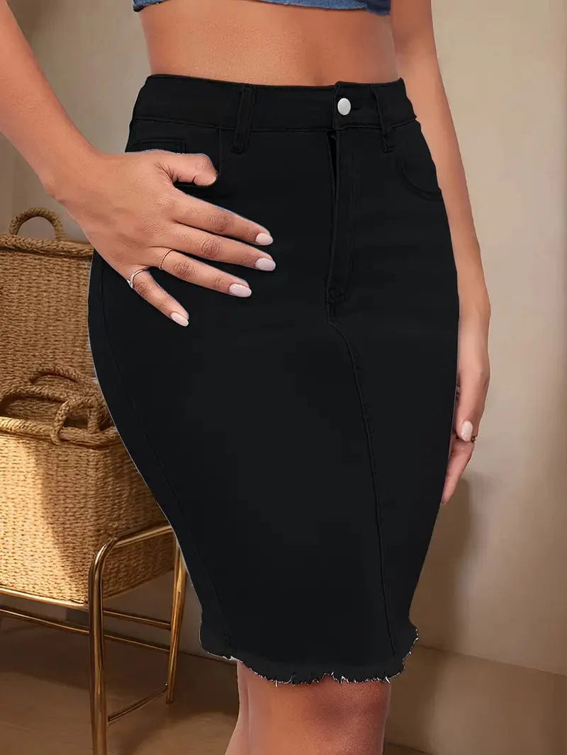 Casual Denim Skirt with Raw Hem and Slant Pockets