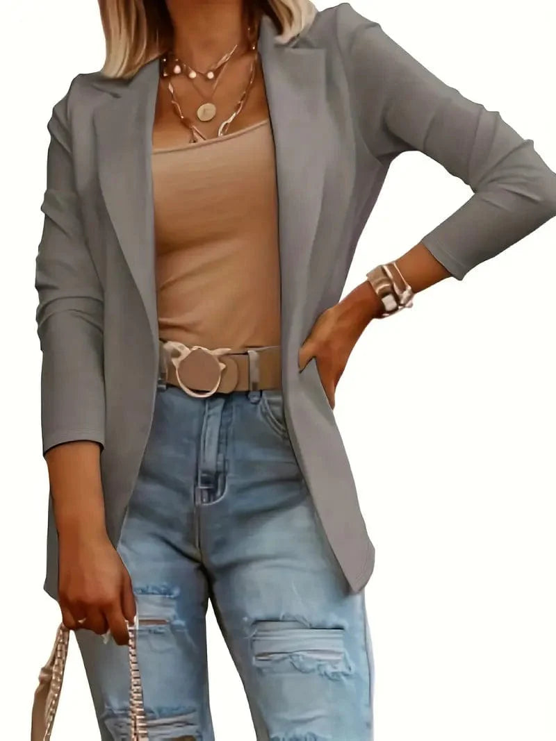 Casual Solid Lapel Blazer for Women: Stylish Open Front Long Sleeve Work Office Outerwear