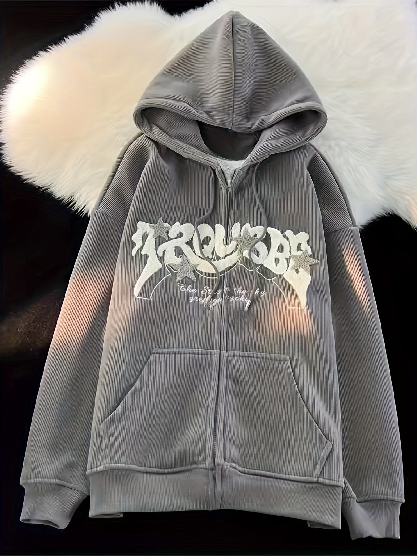Stylish Zip Up Drawstring Letter Print Slant Pockets Hoodie