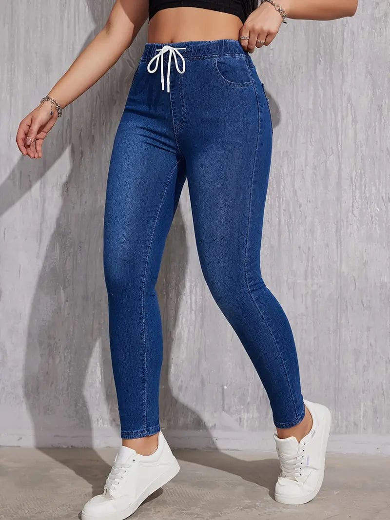 Slim Fit Drawstring Denim Jeans with Elastic Waist for Women