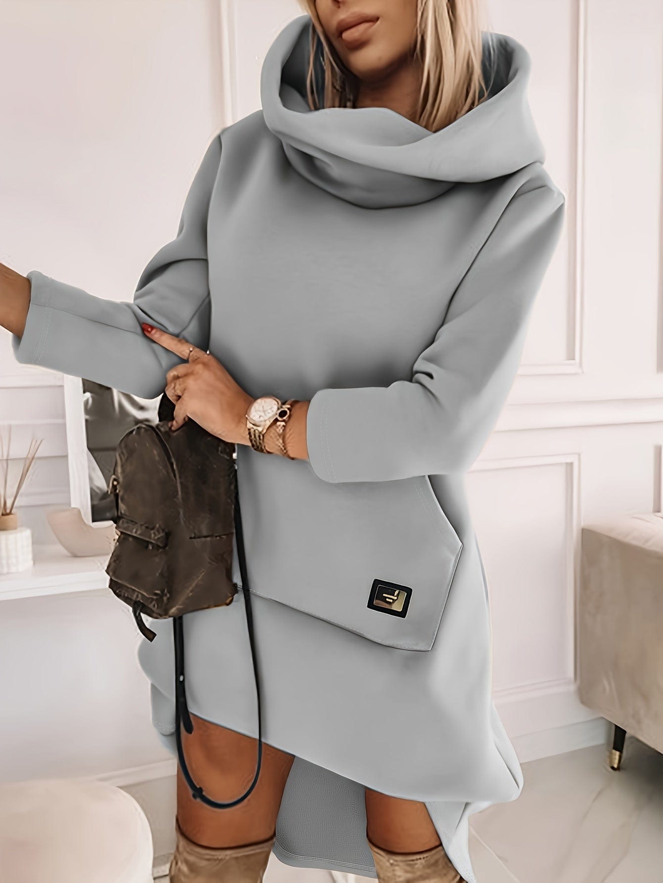 Solid Stylish Kangaroo Pocket Hooded Sweatshirt Midi Dress