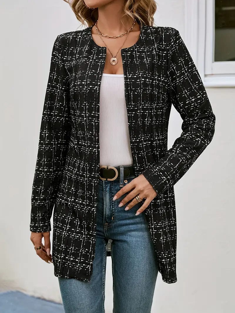 Checkered Print Open Front Coat, Multi-Purpose Long Sleeve Outerwear for Spring & Autumn, Women's Fashion