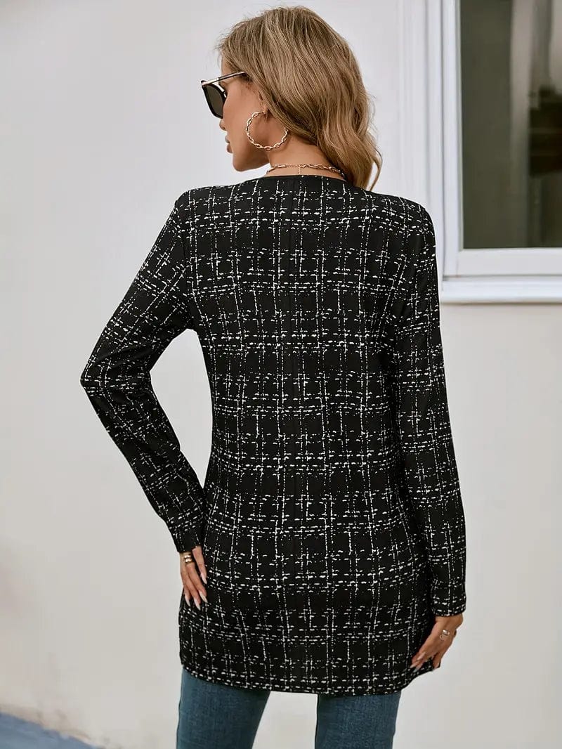 Checkered Print Open Front Coat, Multi-Purpose Long Sleeve Outerwear for Spring & Autumn, Women's Fashion